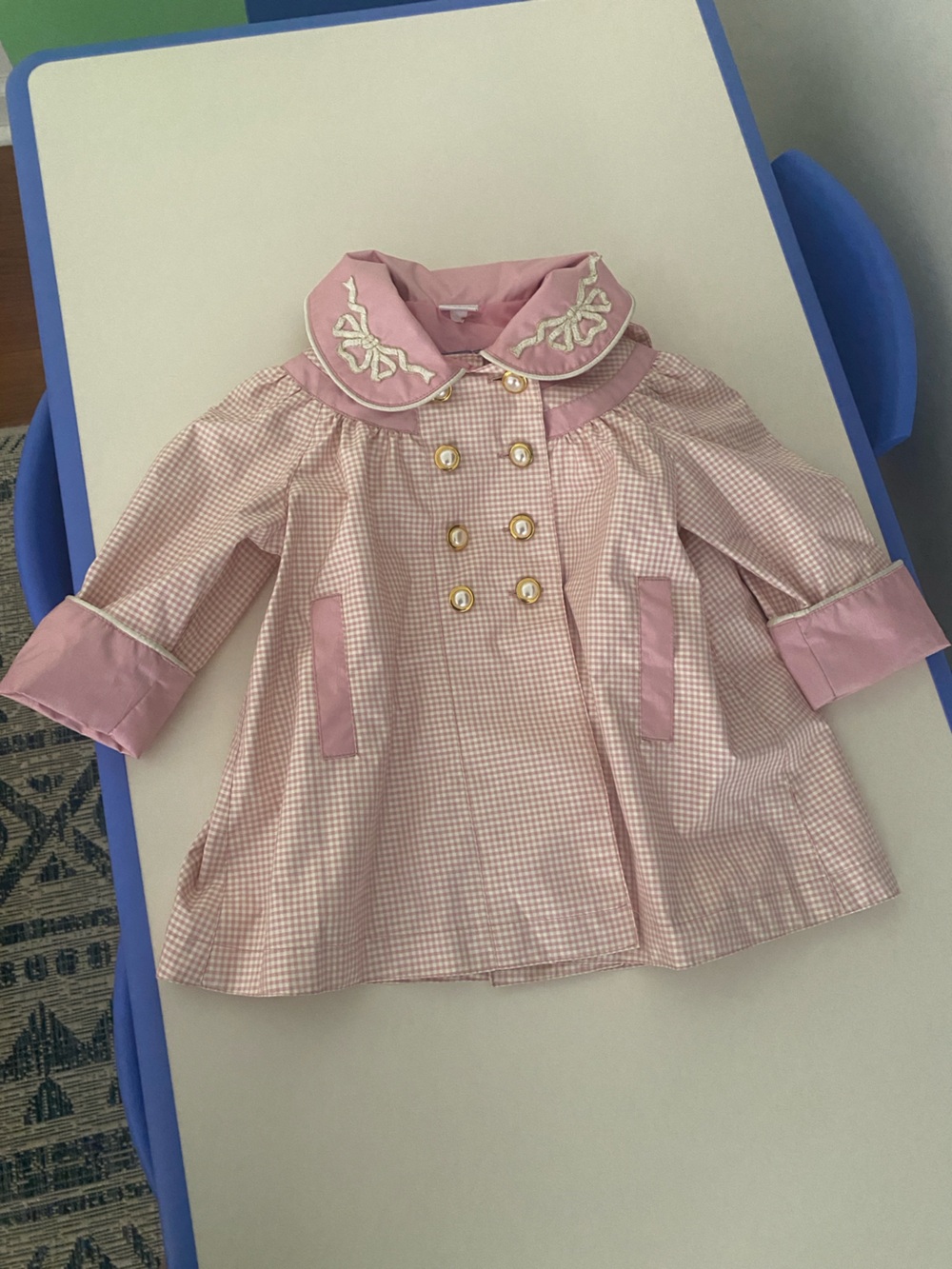 Pink Gingham Button-Front Girls' PeaCoat with Embroidered Collar